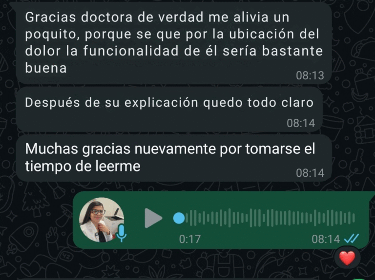 Gracias doctora de verdad me alivia un poquito, porque se que por la ubicación del dolor la funcionalidad de él sería bastante buena